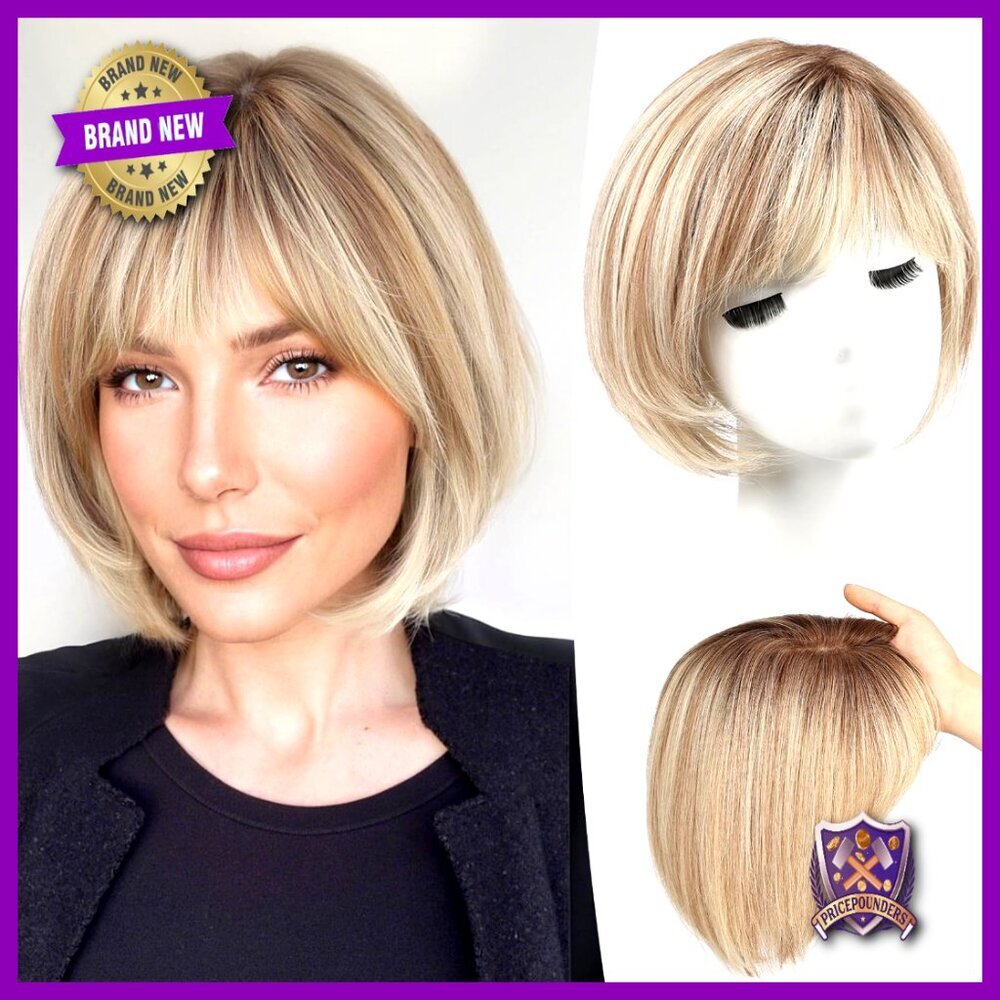 Real Human Hair Topper Short Bob with Bangs Side Part Lightweight Silk Base